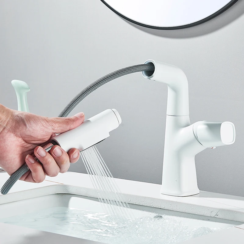 Pull Out Lift Basin Faucet 360° Rotated Metal Bathroom Basin Hot Cold Water Mixer Tap, Flexible 2 Functions Nozzle Taps White - Image 5