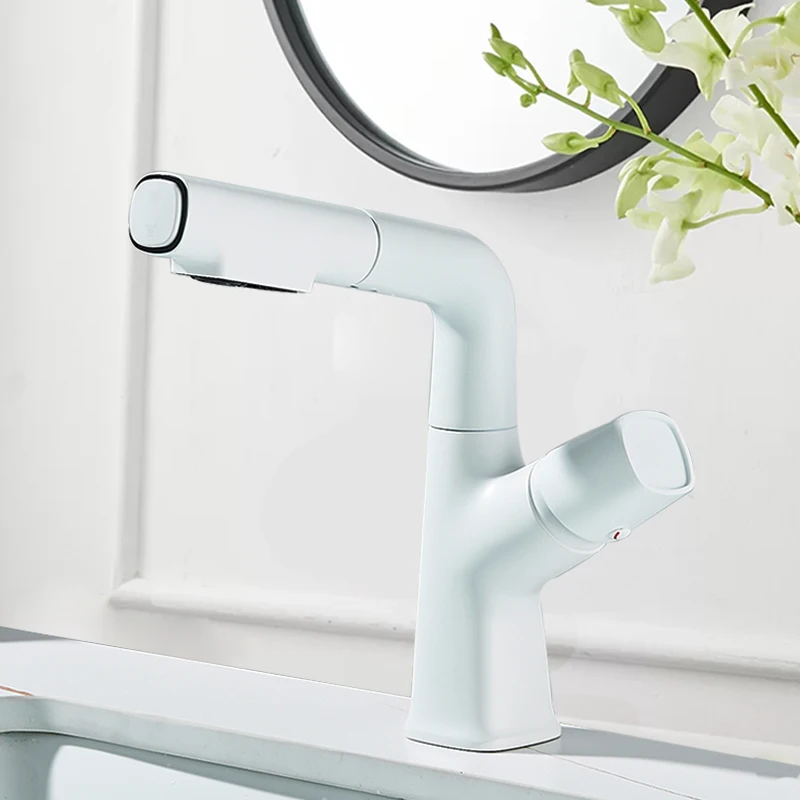 Pull Out Lift Basin Faucet 360° Rotated Metal Bathroom Basin Hot Cold Water Mixer Tap, Flexible 2 Functions Nozzle Taps White