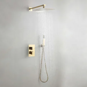 S3e5ee1f9db844d1581539bbcc8adef96Q.webp Brushed Gold Wall Mounted Bathroom Shower Set Bath Mixer Faucet Solid Brass Quality Square Rain Shower Faucet