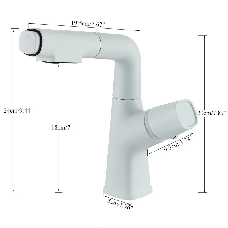 Pull Out Lift Basin Faucet 360° Rotated Metal Bathroom Basin Hot Cold Water Mixer Tap, Flexible 2 Functions Nozzle Taps White - Image 4