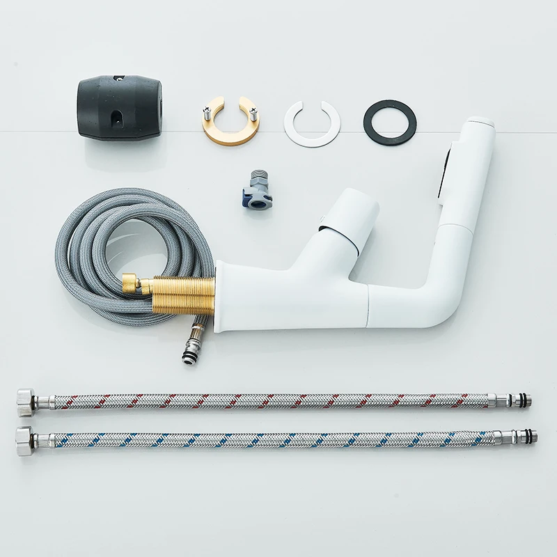 Pull Out Lift Basin Faucet 360° Rotated Metal Bathroom Basin Hot Cold Water Mixer Tap, Flexible 2 Functions Nozzle Taps White - Image 6