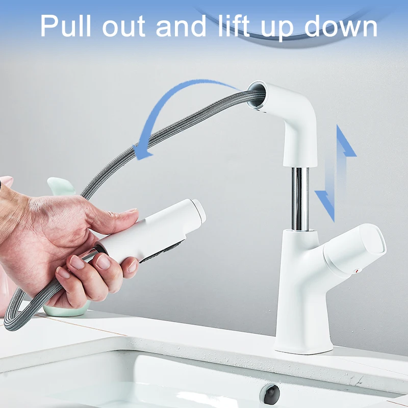 Pull Out Lift Basin Faucet 360° Rotated Metal Bathroom Basin Hot Cold Water Mixer Tap, Flexible 2 Functions Nozzle Taps White - Image 3