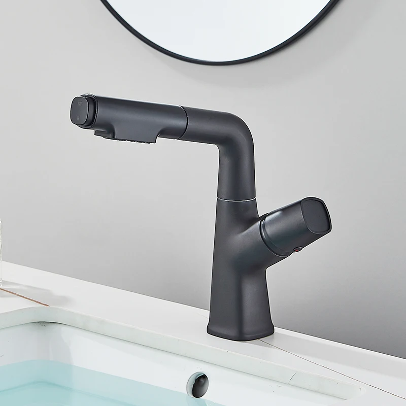 Pull Out Lift Basin Faucet 360° Rotated Metal Bathroom Basin Hot Cold Water Mixer Tap, Flexible 2 Functions Nozzle Taps White - Image 7