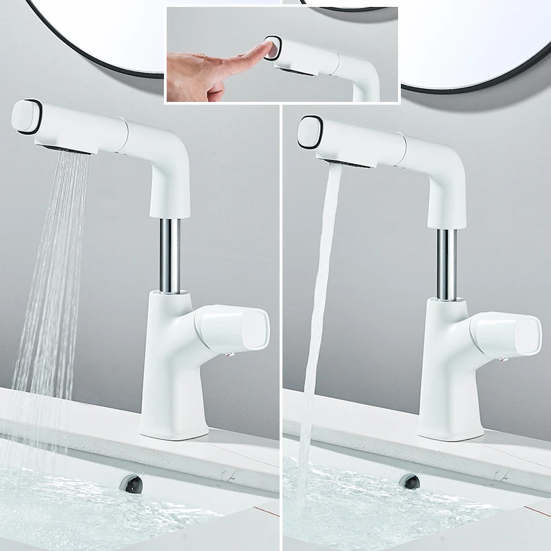 Pull Out Lift Basin Faucet 360° Rotated Metal Bathroom Basin Hot Cold Water Mixer Tap, Flexible 2 Functions Nozzle Taps White - Image 2