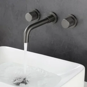 Sa9ee88ad537f419498a327ffdc1684d1K.webp Double Handles Bathroom Basin Faucet Brushed Gold Black Wall Mounted Sink Faucet With Knurling Handle