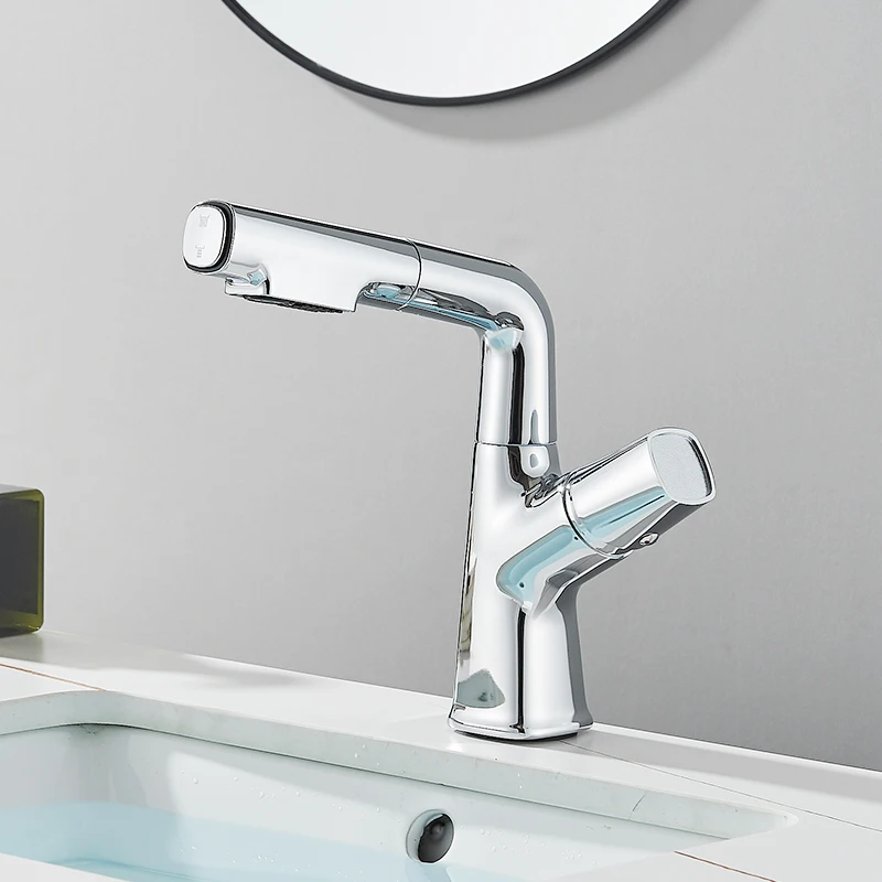 Pull Out Lift Basin Faucet 360° Rotated Metal Bathroom Basin Hot Cold Water Mixer Tap, Flexible 2 Functions Nozzle Taps White - Image 8