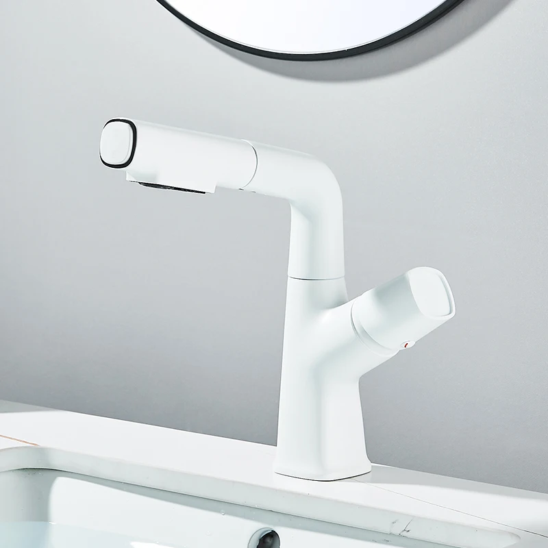 Pull Out Lift Basin Faucet 360° Rotated Metal Bathroom Basin Hot Cold Water Mixer Tap, Flexible 2 Functions Nozzle Taps White - Image 9